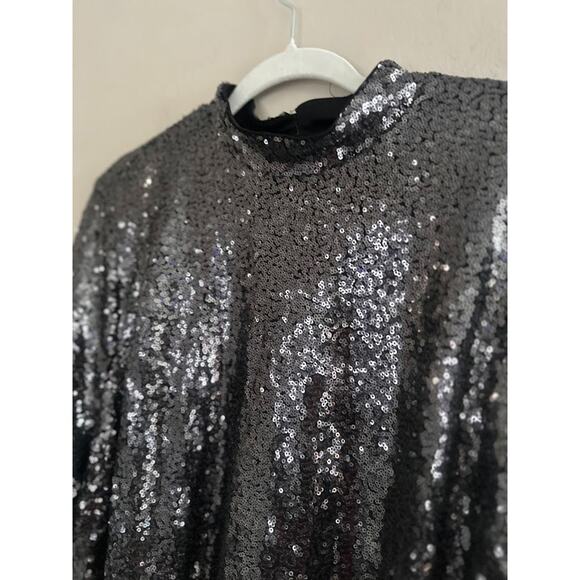 Lane Bryant Silver Sequin Long Sleeve Top Blouse Size 22 Mock Neck Party Holiday - Picture 2 of 9
